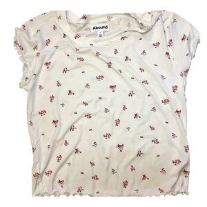 Abound NWT White with Pink Ditsy Floral Print Short Sleeve Top Ruffled Hem Sz M